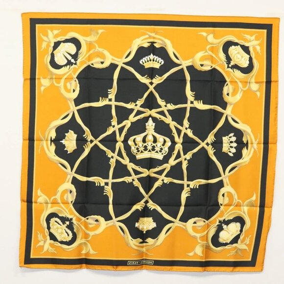 HERMES Carre 90 Scarf Crown Silk Yellow Auth am8845 - Picture 12 of 12